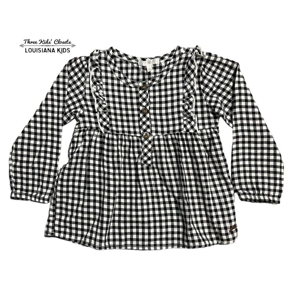 Tahari 3T Black Gingham Ruffle Top